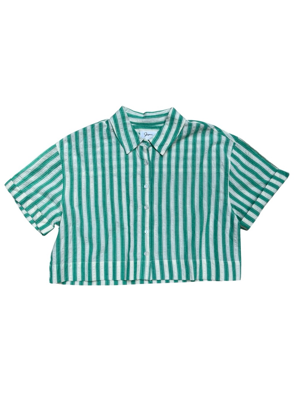 Japna Green White Stripe Button Down Crop Shirt Medium NWOT